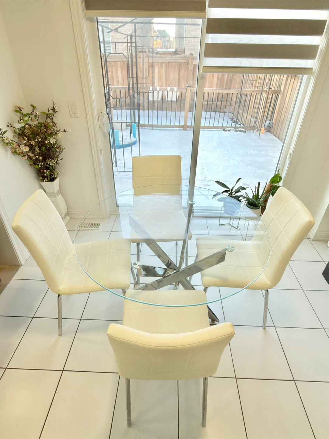 MOVING SALE!!! Glass Top Dining Table with 4 Off-white Chairs