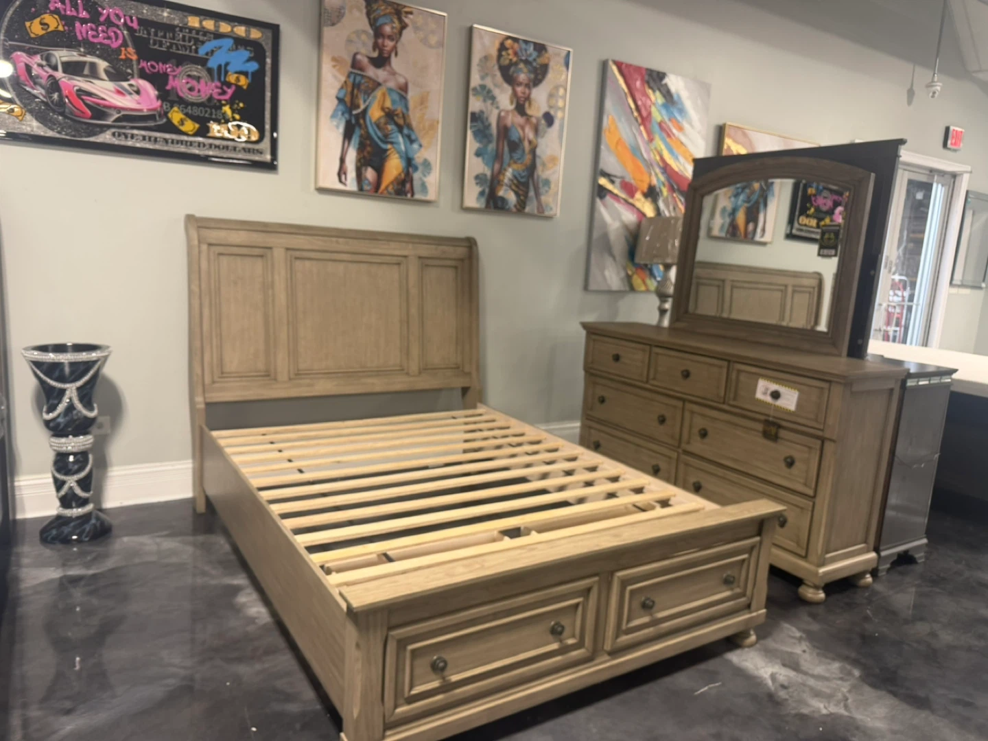 Oak Wood Queen Size Bed Frame Mattress with Storage Drawers