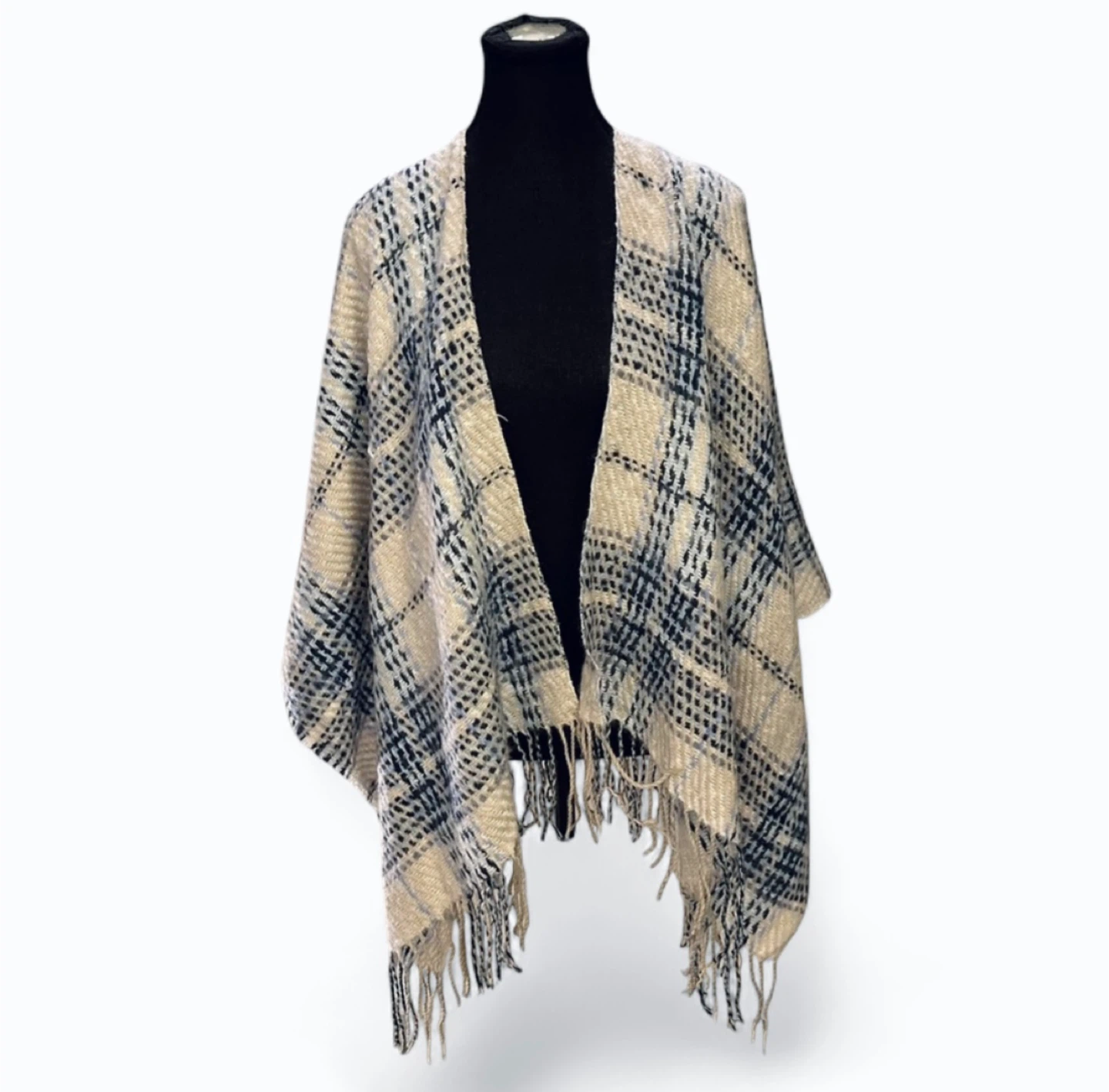 Lightweight Fringe Plaid Cream and Blue Soft Shawl