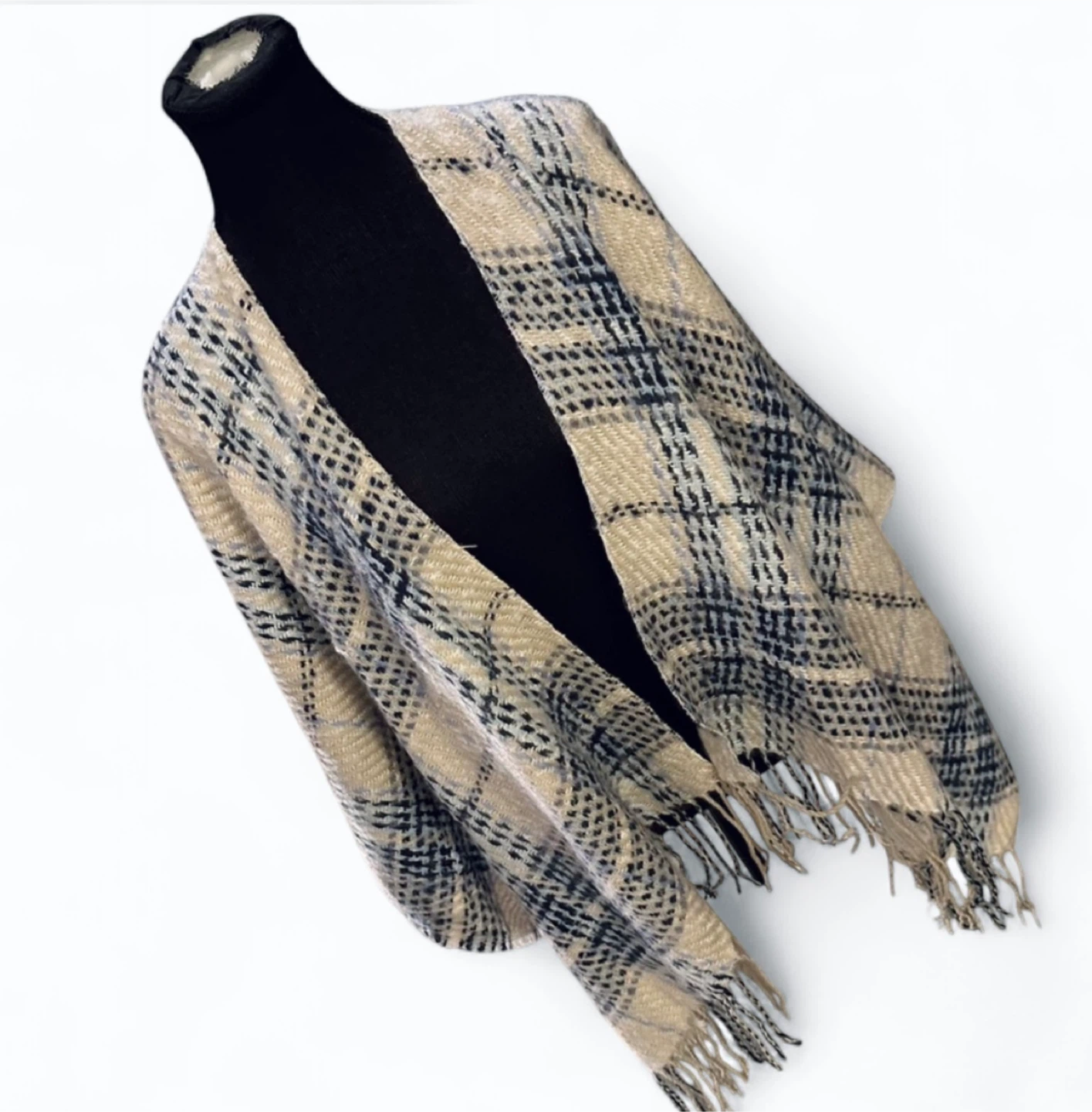 Lightweight Fringe Plaid Cream and Blue Soft Shawl - photo 4