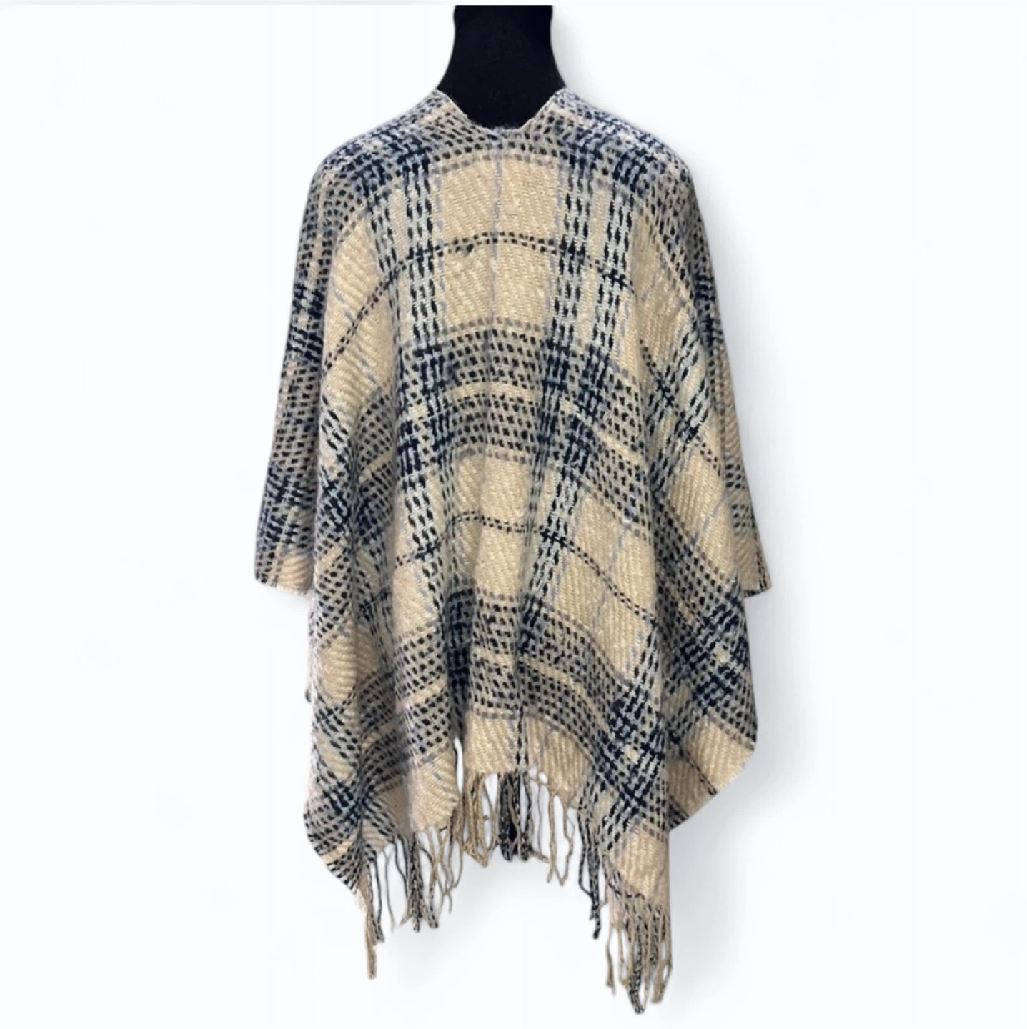 Lightweight Fringe Plaid Cream and Blue Soft Shawl - photo 3