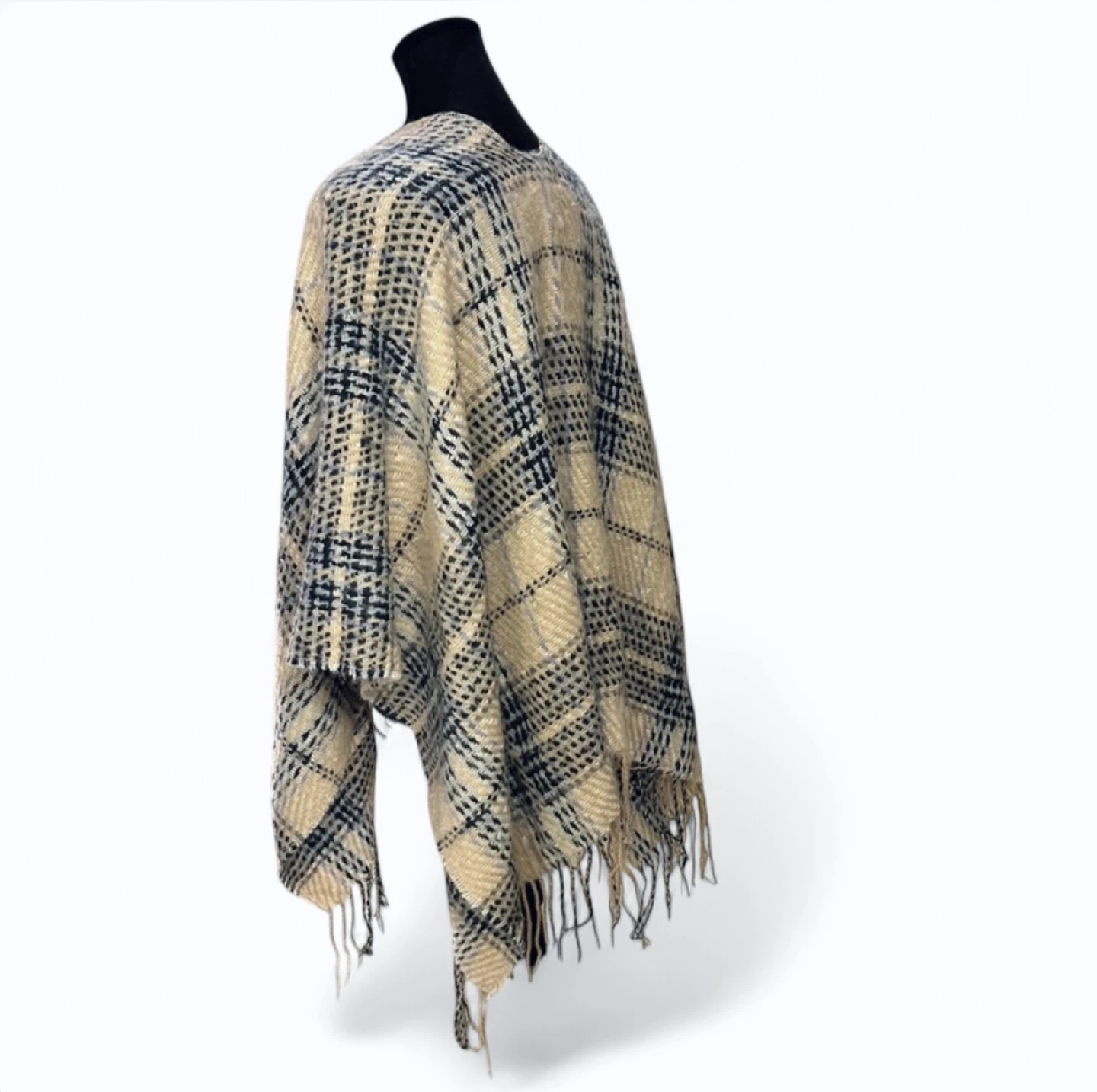 Lightweight Fringe Plaid Cream and Blue Soft Shawl - photo 2