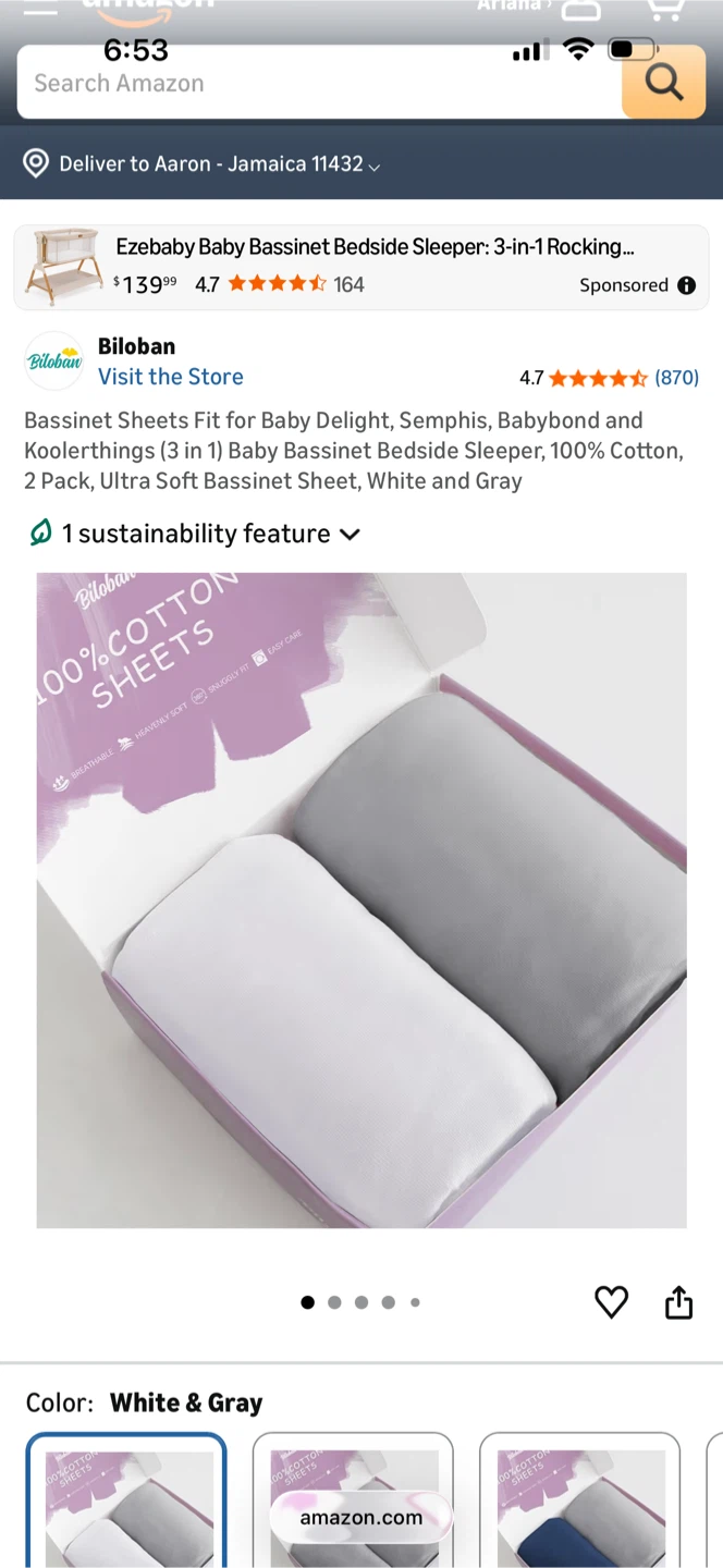 Biloban Bassinet Sheets - 2 Pack, 100% Cotton, White & Gray