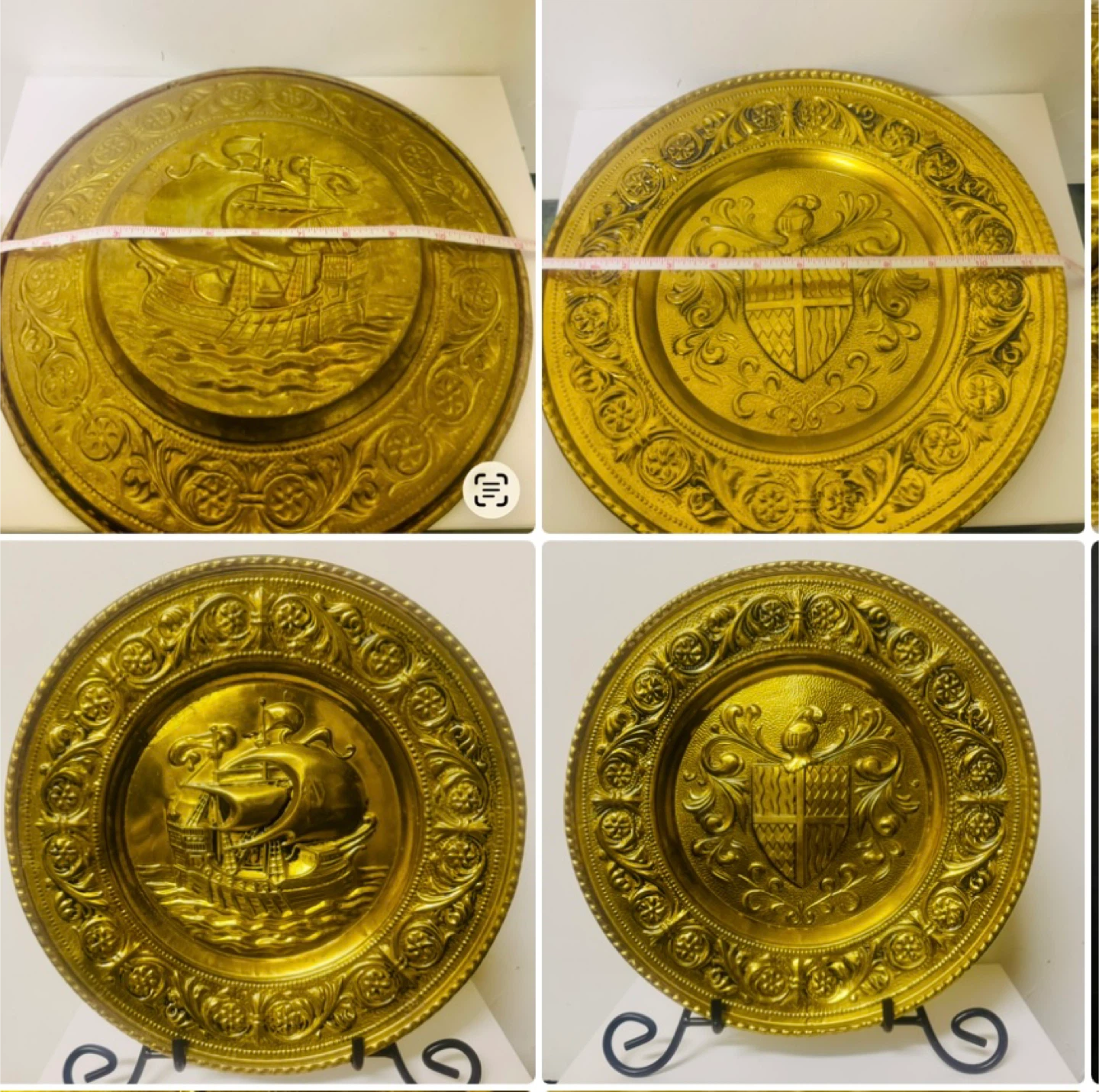2 Vintage Brass Charger Plates - Ship & Crest 12" Mid-Century