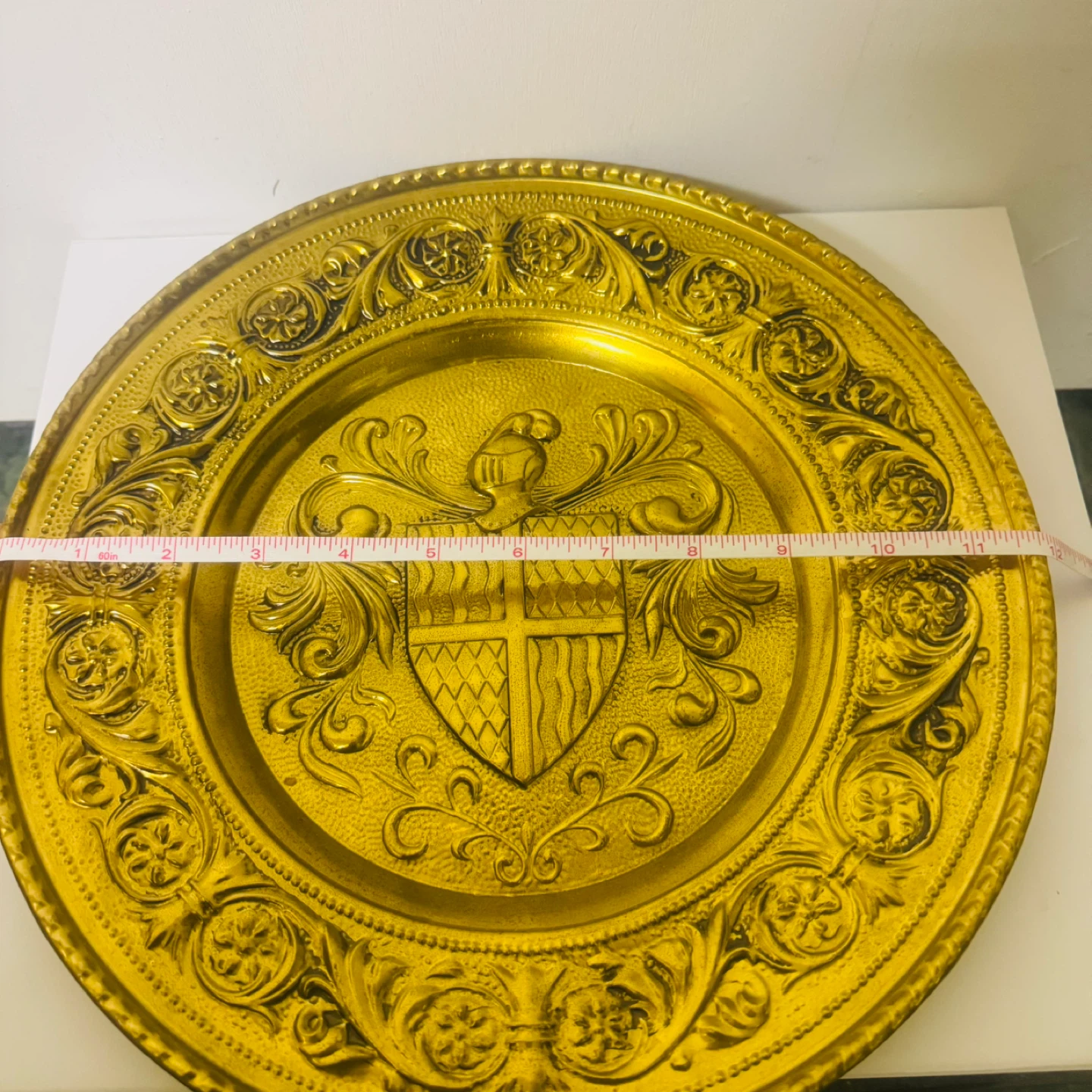 2 Vintage Brass Charger Plates - Ship & Crest 12" Mid-Century - photo 5