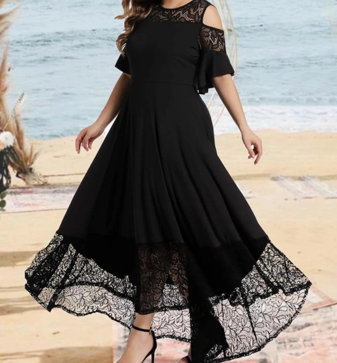 Black Cold Shoulder Lace Maxi Dress