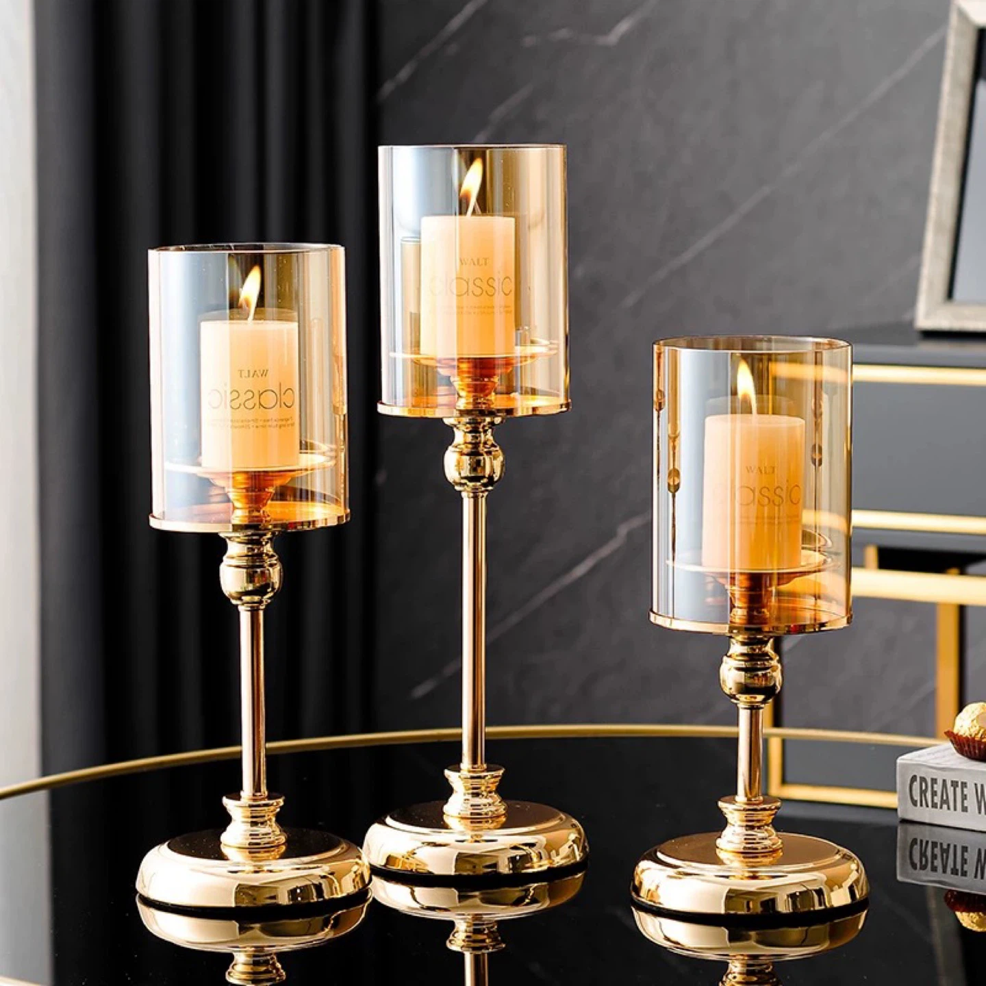 Set of 3 Gold Metal and Amber Glass Hurricane Candle Holders