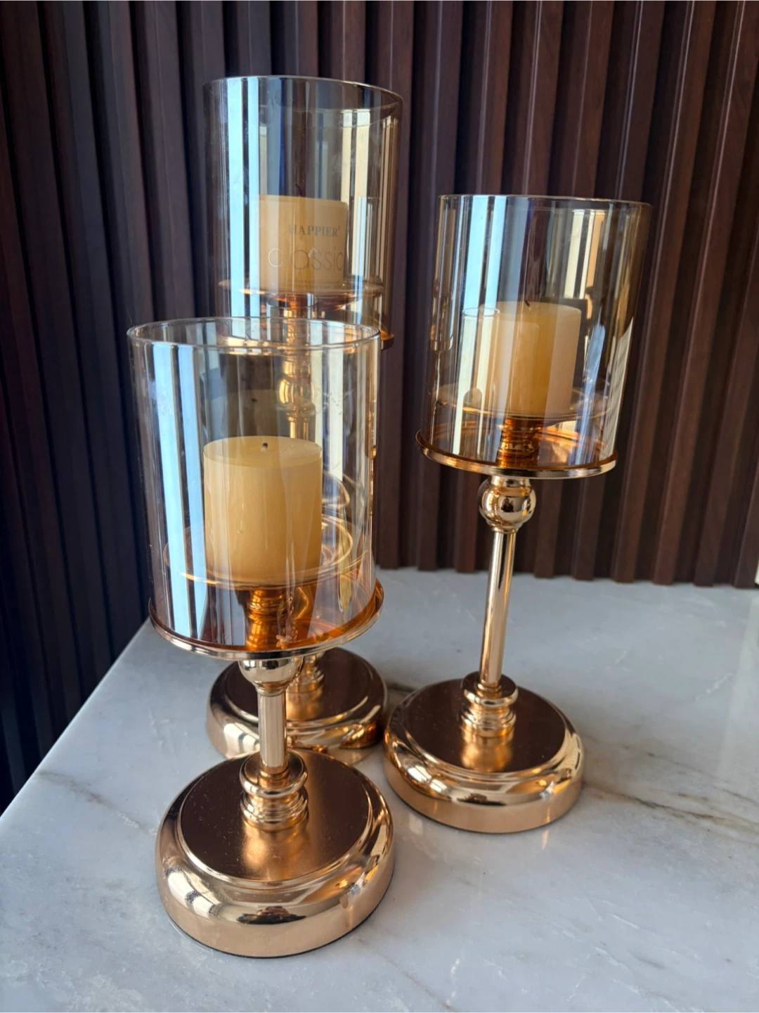 Set of 3 Gold Metal and Amber Glass Hurricane Candle Holders - photo 2