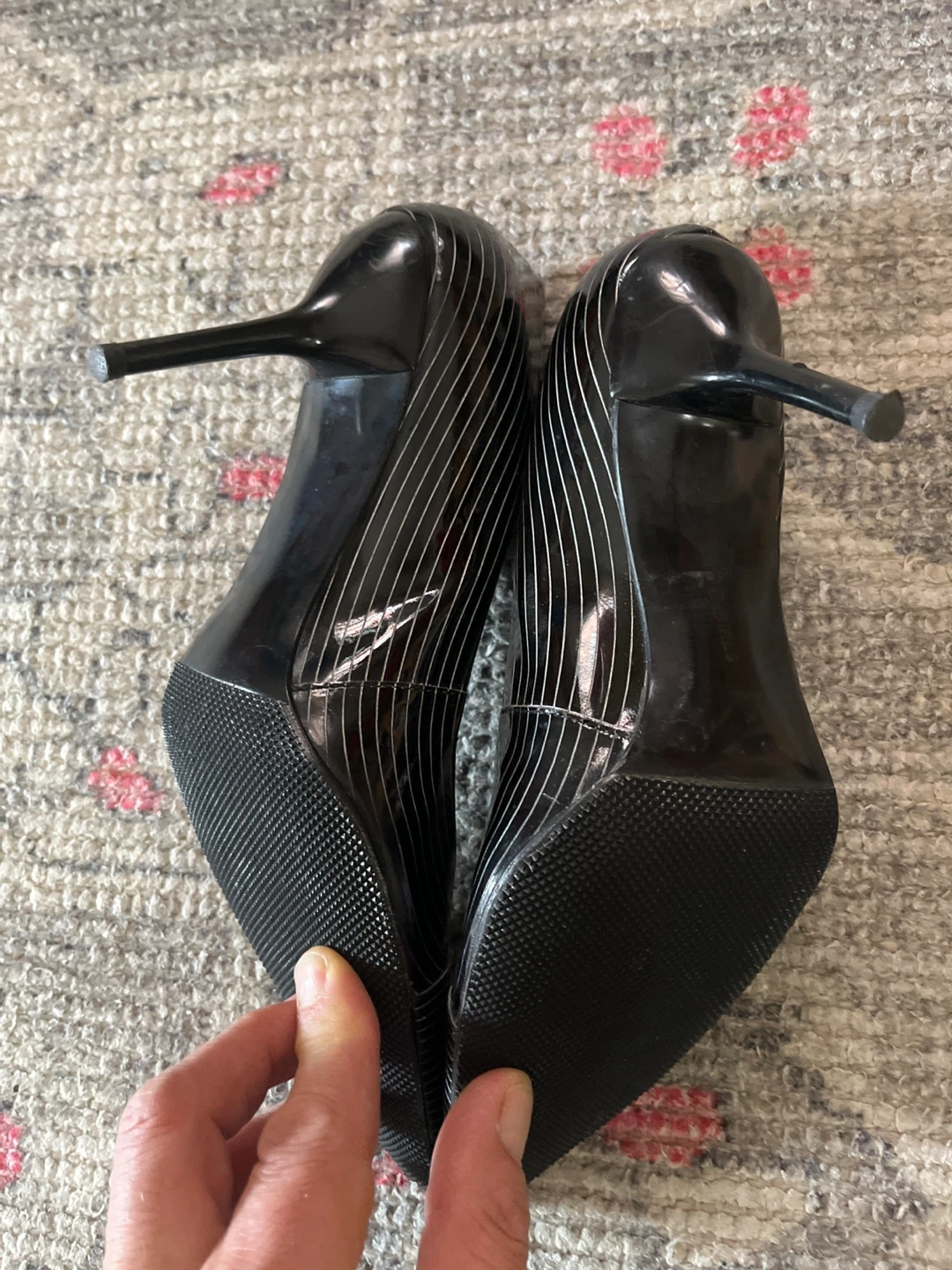 BCBGirls Black Patent Heels with Silver Stripes - photo 2