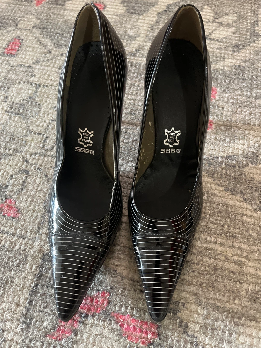 BCBGirls Black Patent Heels with Silver Stripes