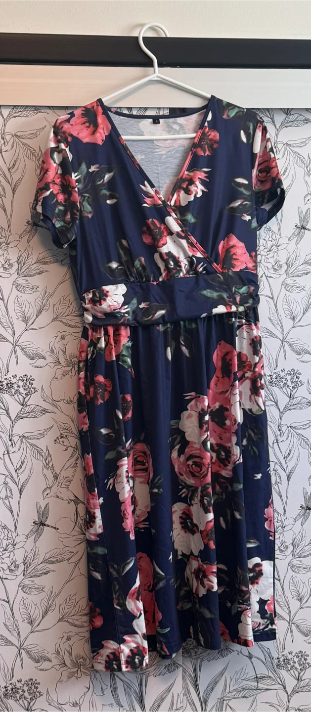 Navy Floral Wrap Dress Size L, $10