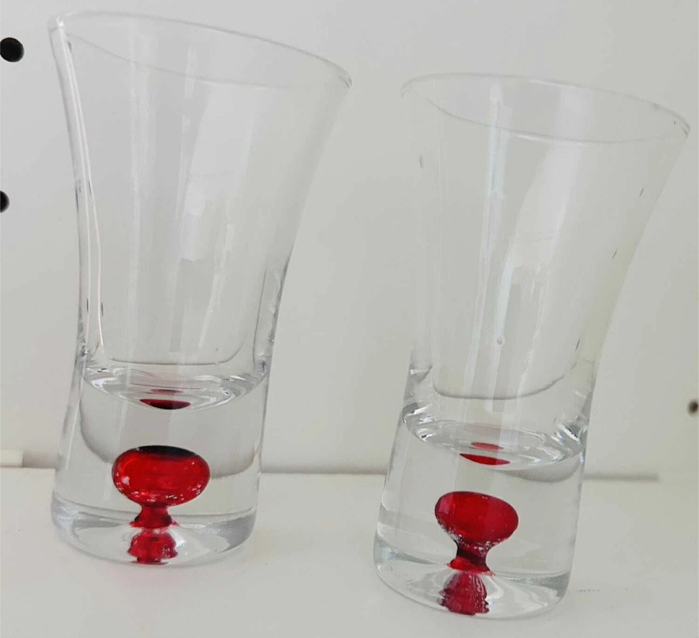 TWO Shot Glasses with Red BUBBLE BASES