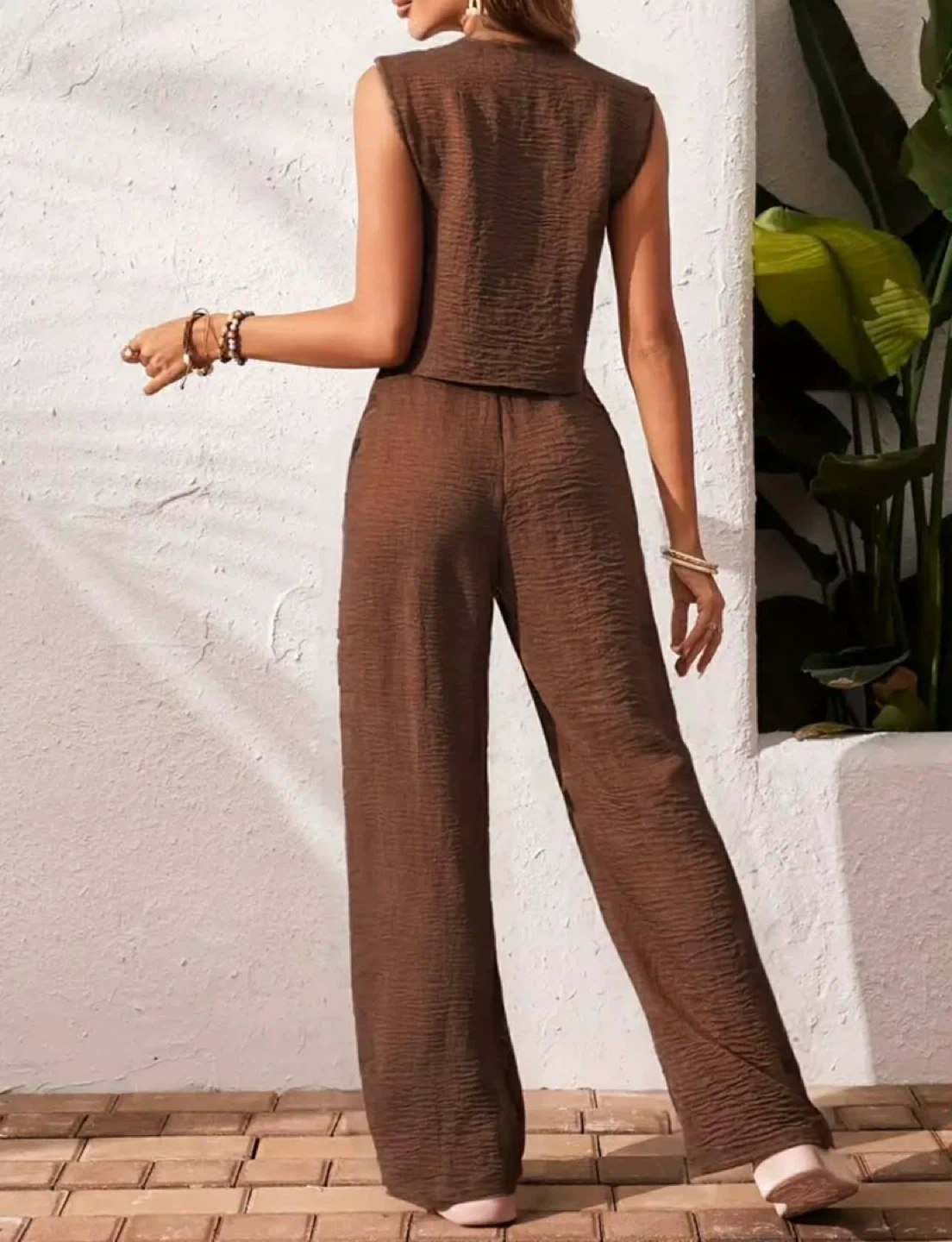 Women's Brown Sleeveless Vest and Wide Leg Pants Set - photo 2
