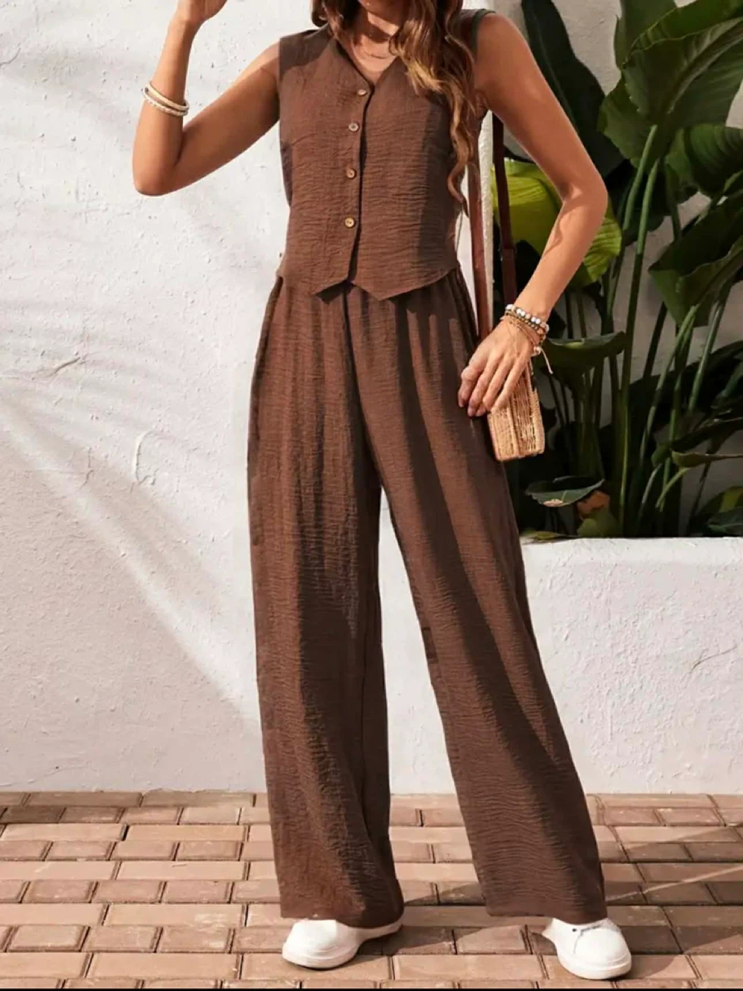 Women's Brown Sleeveless Vest and Wide Leg Pants Set