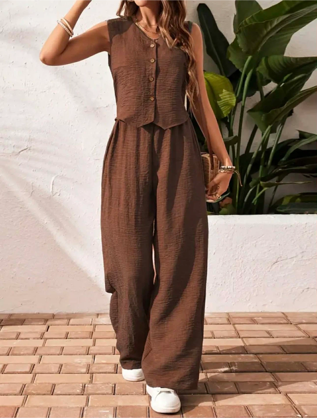 Women's Brown Sleeveless Vest and Wide Leg Pants Set - photo 3