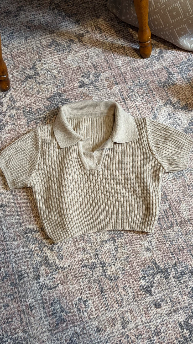 Tan Knit Collared Short Sleeve Top