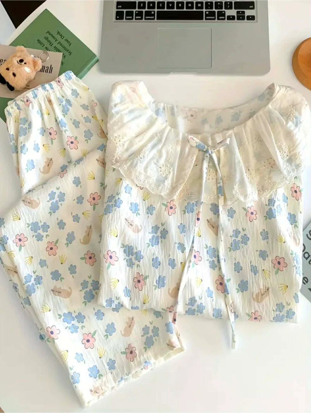 Cute Cat & Flower Print Pajama Set - White - photo 3