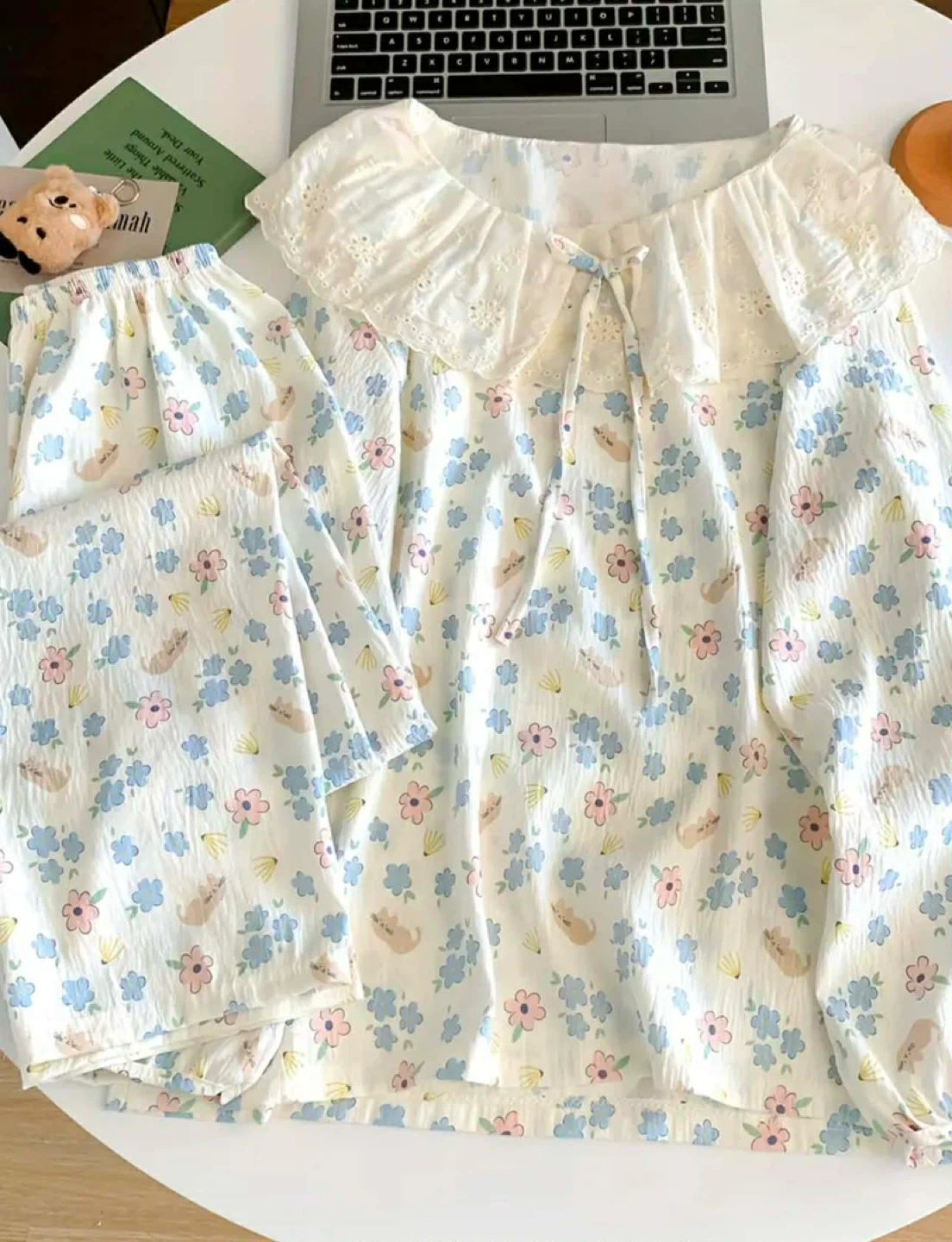 Cute Cat & Flower Print Pajama Set - White - photo 2