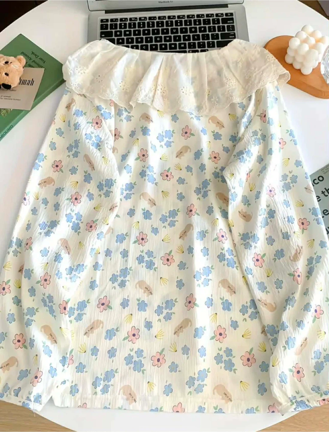 Cute Cat & Flower Print Pajama Set - White - photo 4