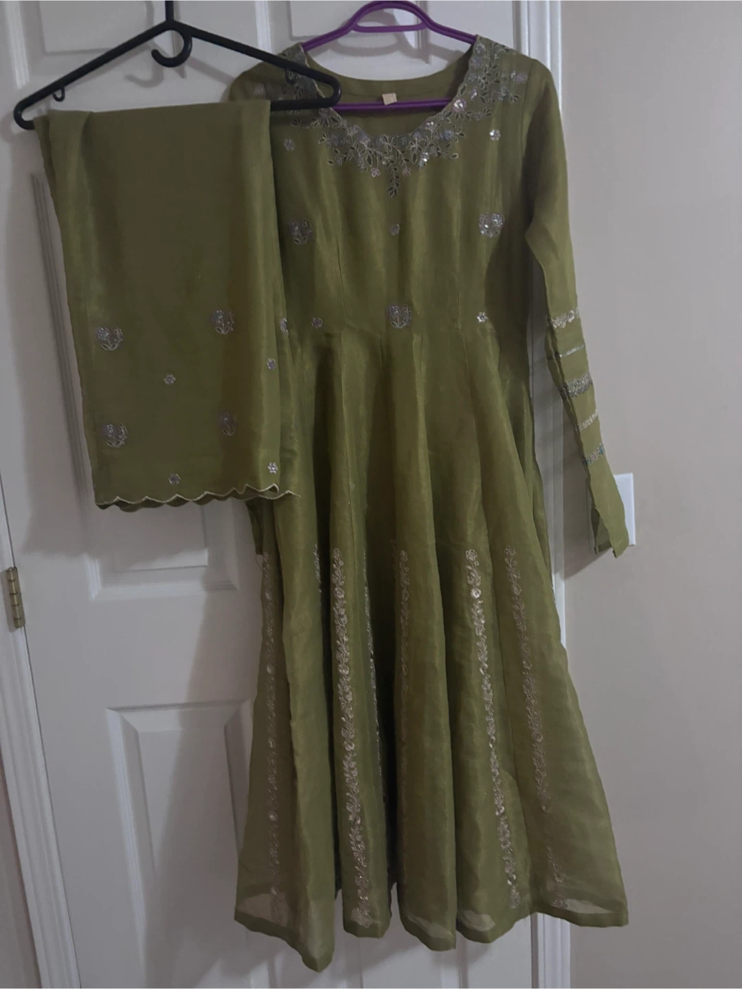 Olive Green Embroidered Anarkali Dress with Dupatta