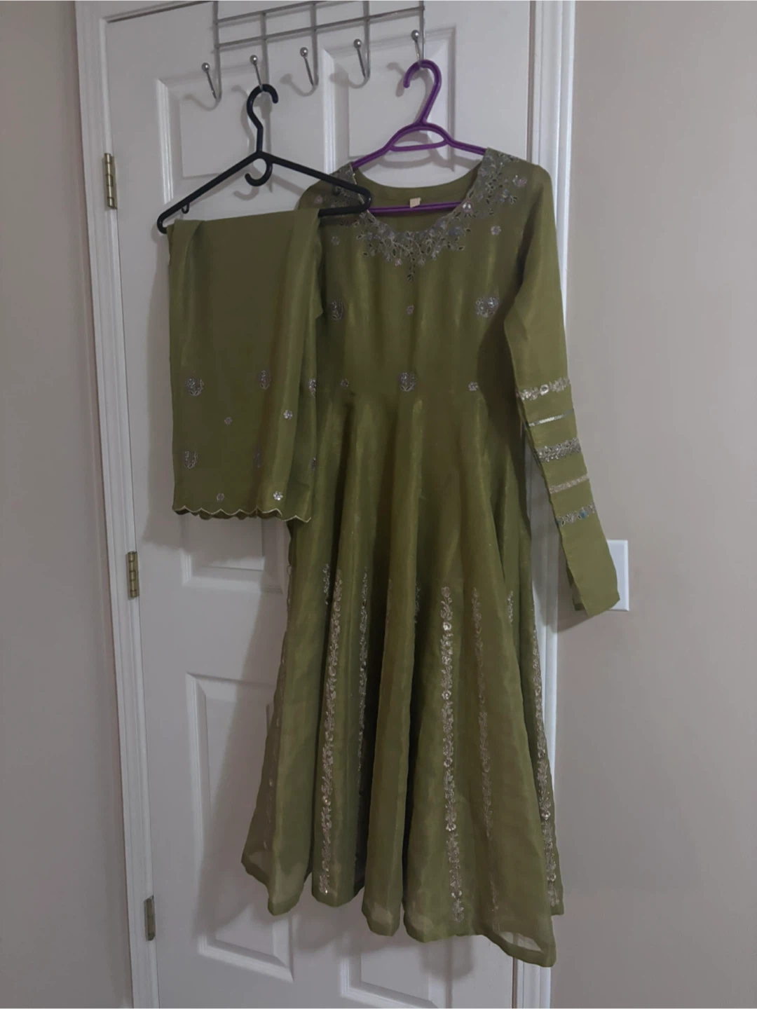 Olive Green Embroidered Anarkali Dress with Dupatta - photo 2