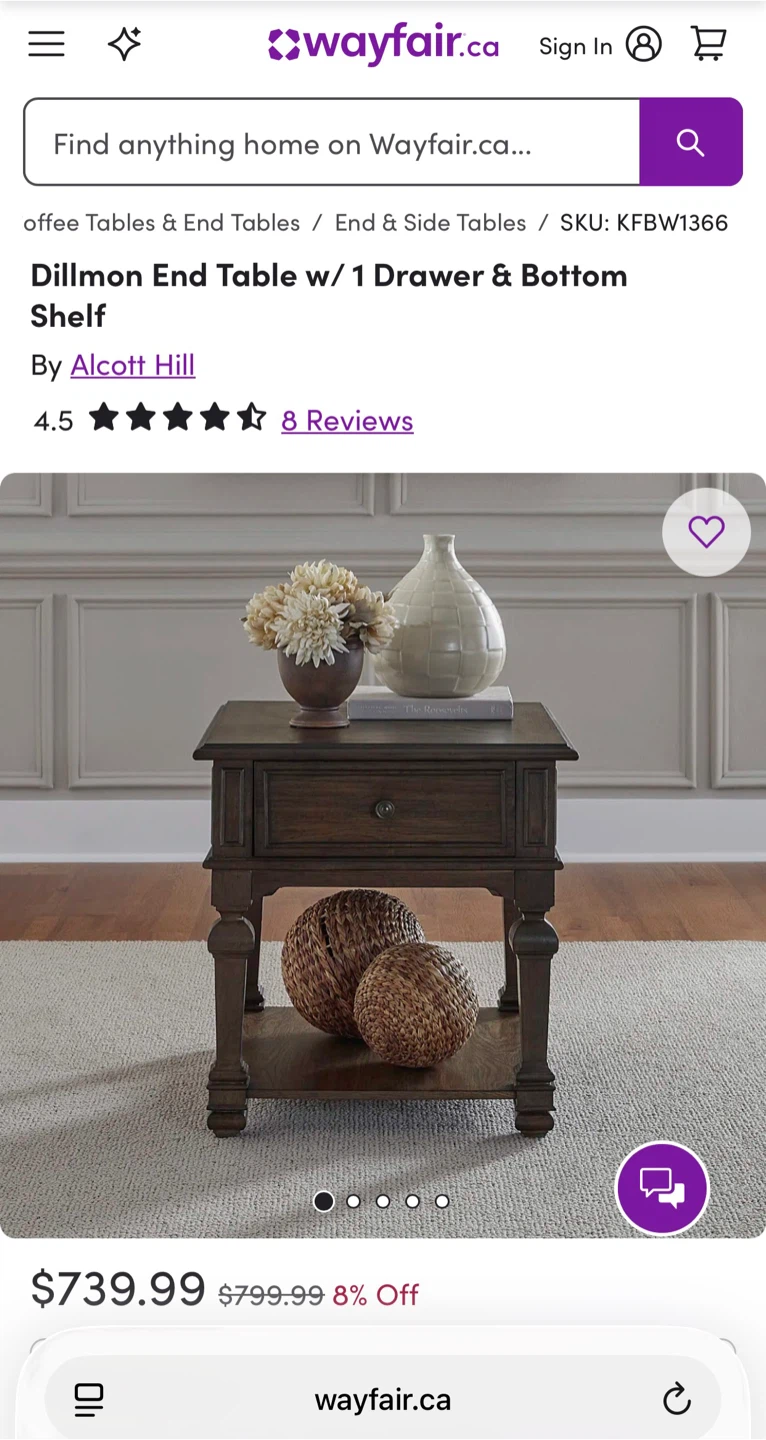 Wayfair Dillmon End Table w/ 1 Drawer & Bottom Shelf