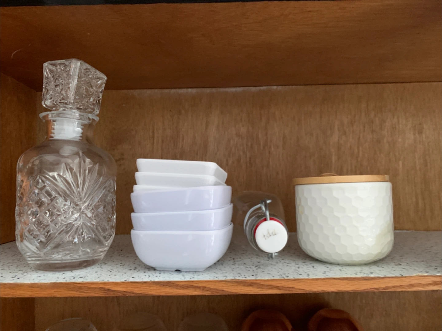 Decorative Glass Decanter with Stopper and Stackable White Bowls