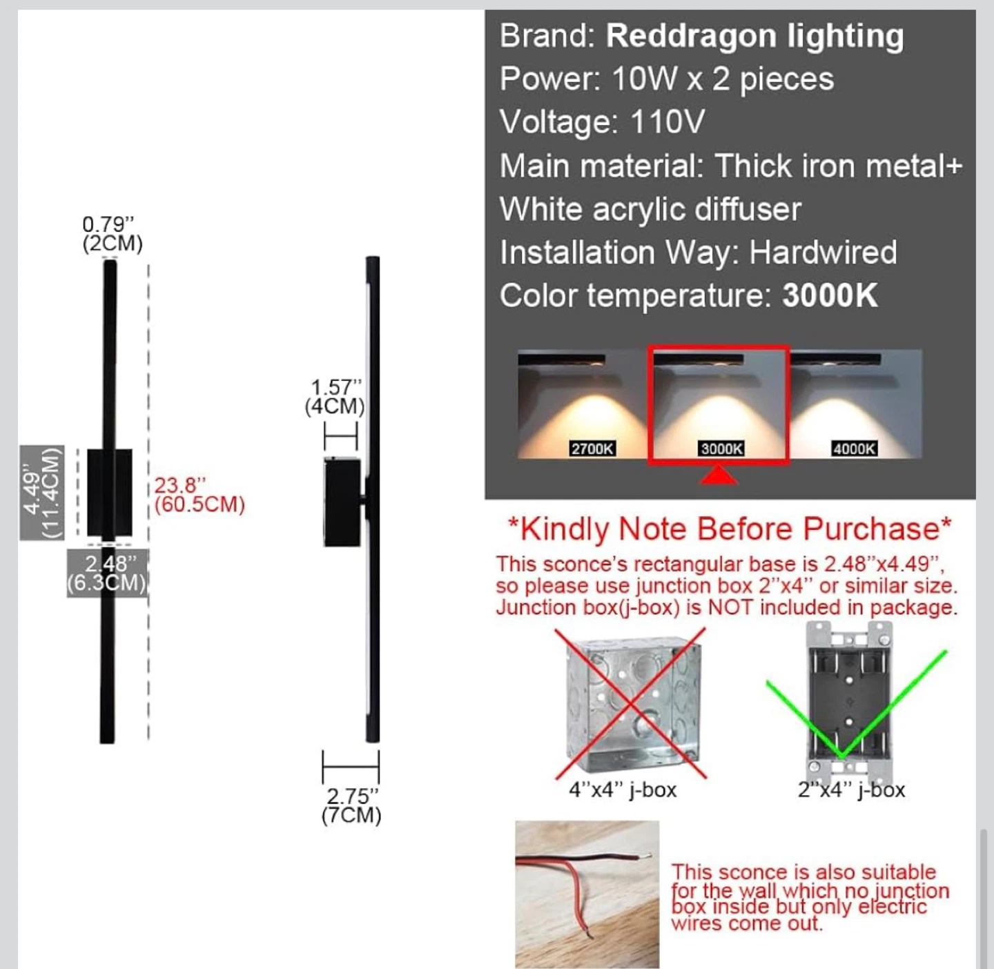 24 Inch Black Tube Linear Wall Sconce (2 Pack) - photo 3
