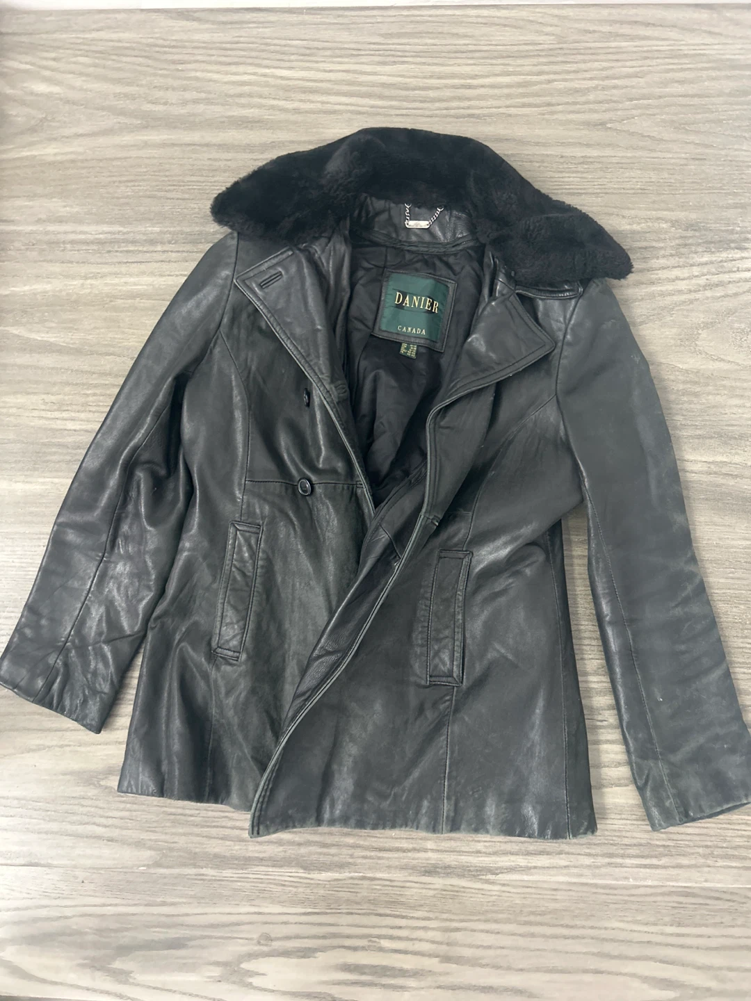 Danier Black Leather Jacket with Faux Fur Collar
