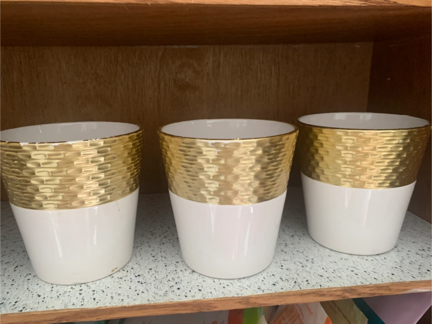 Set of 3 White and Gold Hammered Finish Planters