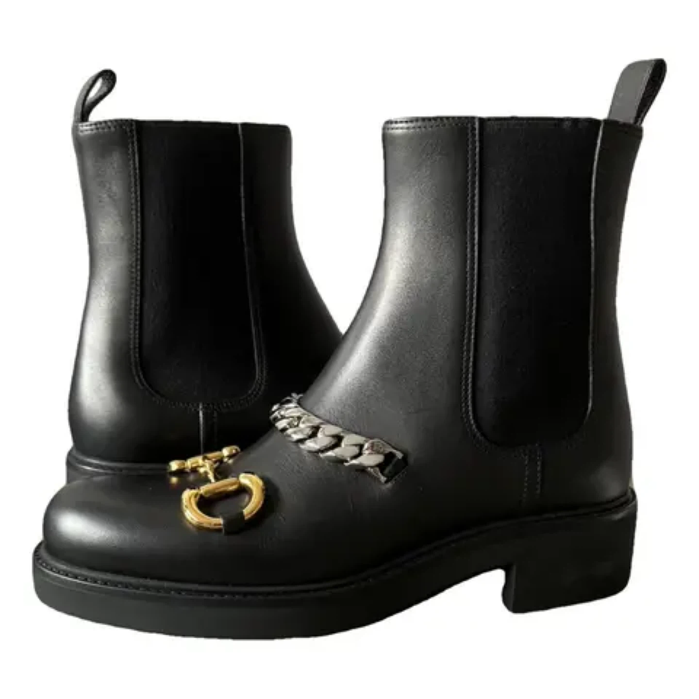 Black Leather Chelsea Boots with Chain Detail