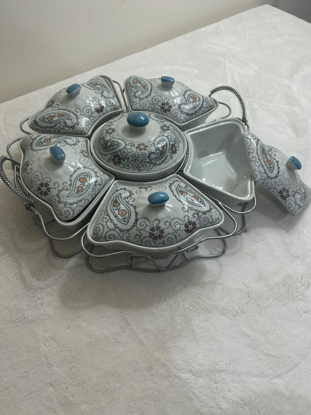 Vintage Porcelain Serving Dish Set with Metal Rack
