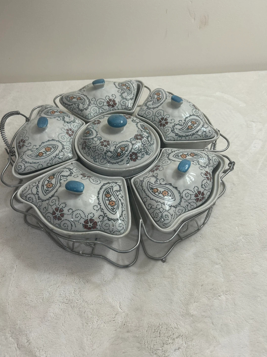 Vintage Porcelain Serving Dish Set with Metal Rack - photo 3
