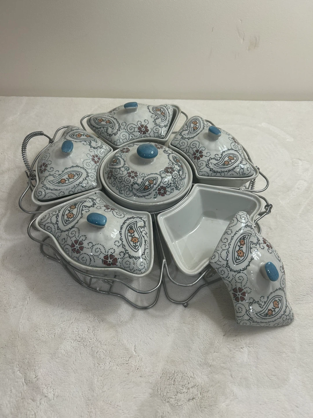 Vintage Porcelain Serving Dish Set with Metal Rack - photo 2