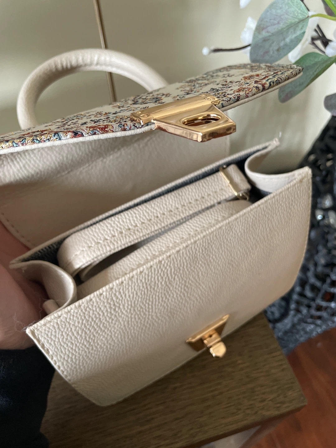 Cream Textured Top Handle Bag with Patterned Flap - photo 3