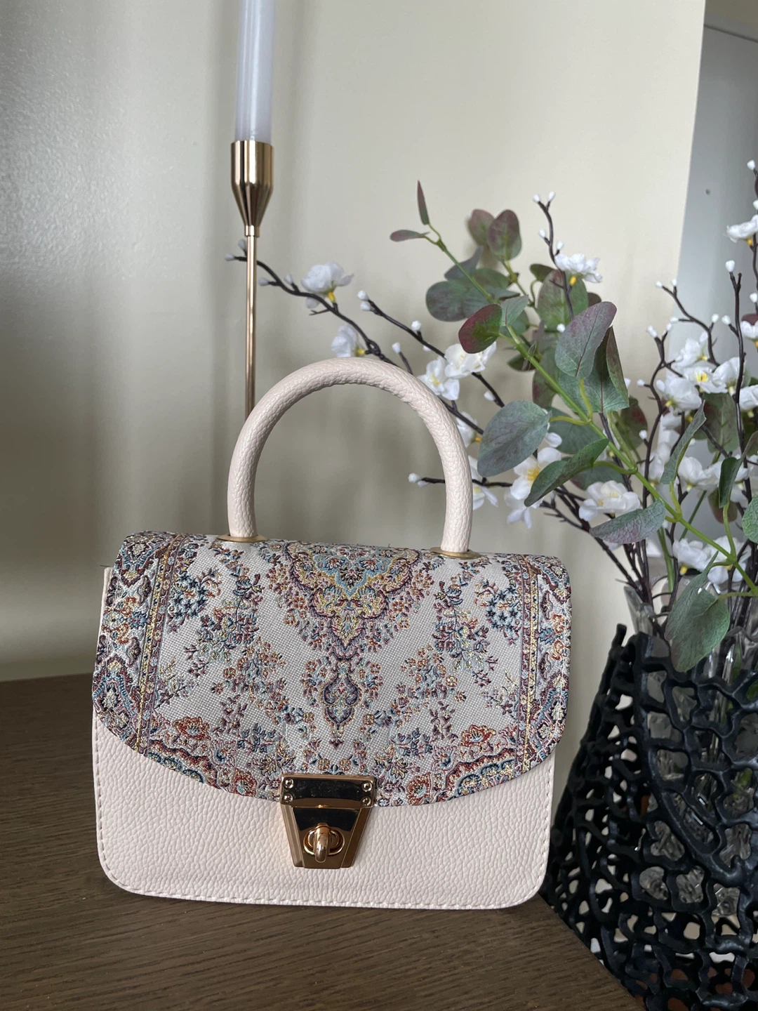 Cream Textured Top Handle Bag with Patterned Flap