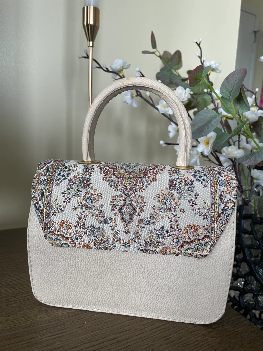 Cream Textured Top Handle Bag with Patterned Flap - photo 2