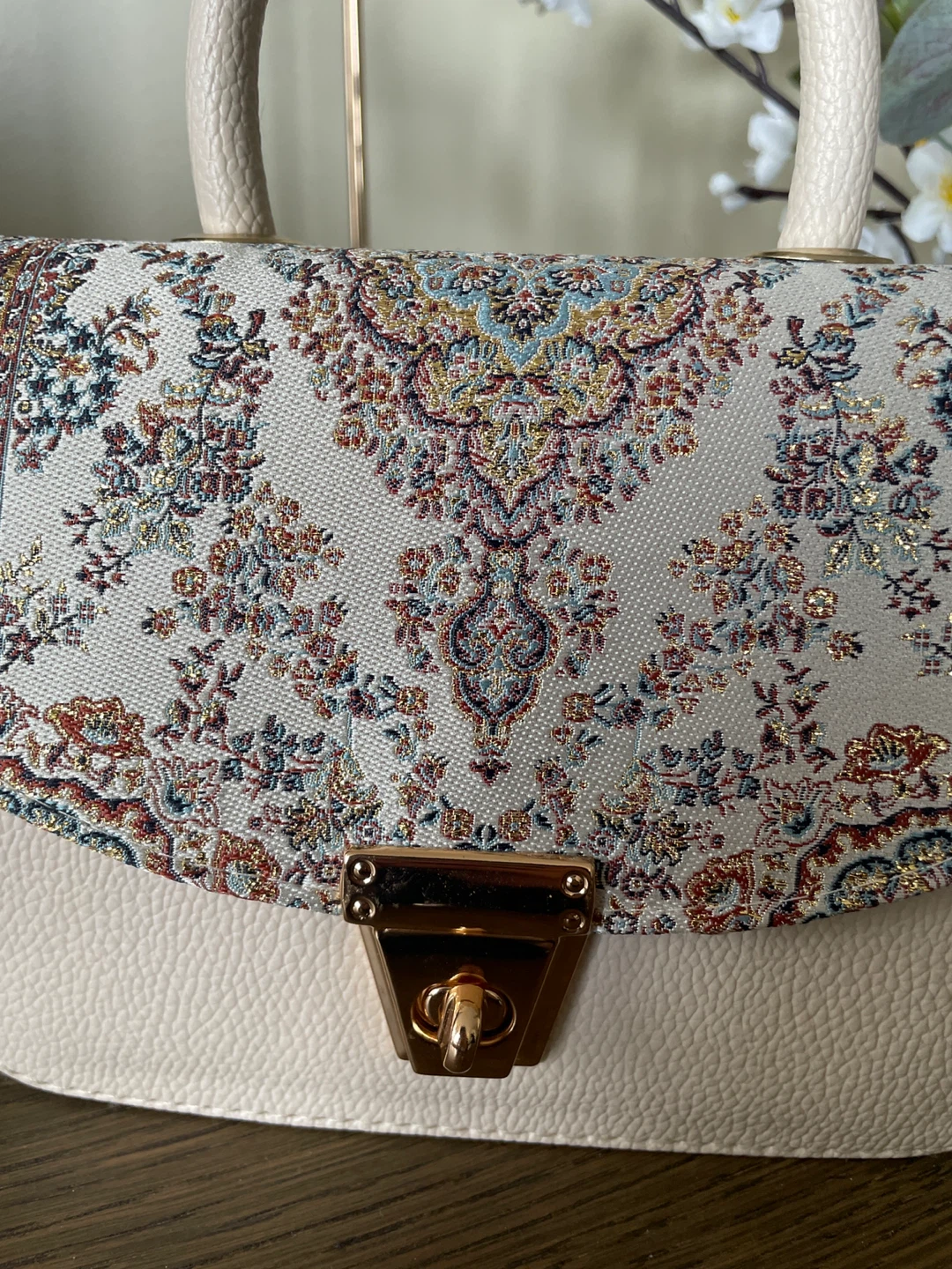 Cream Textured Top Handle Bag with Patterned Flap - photo 4