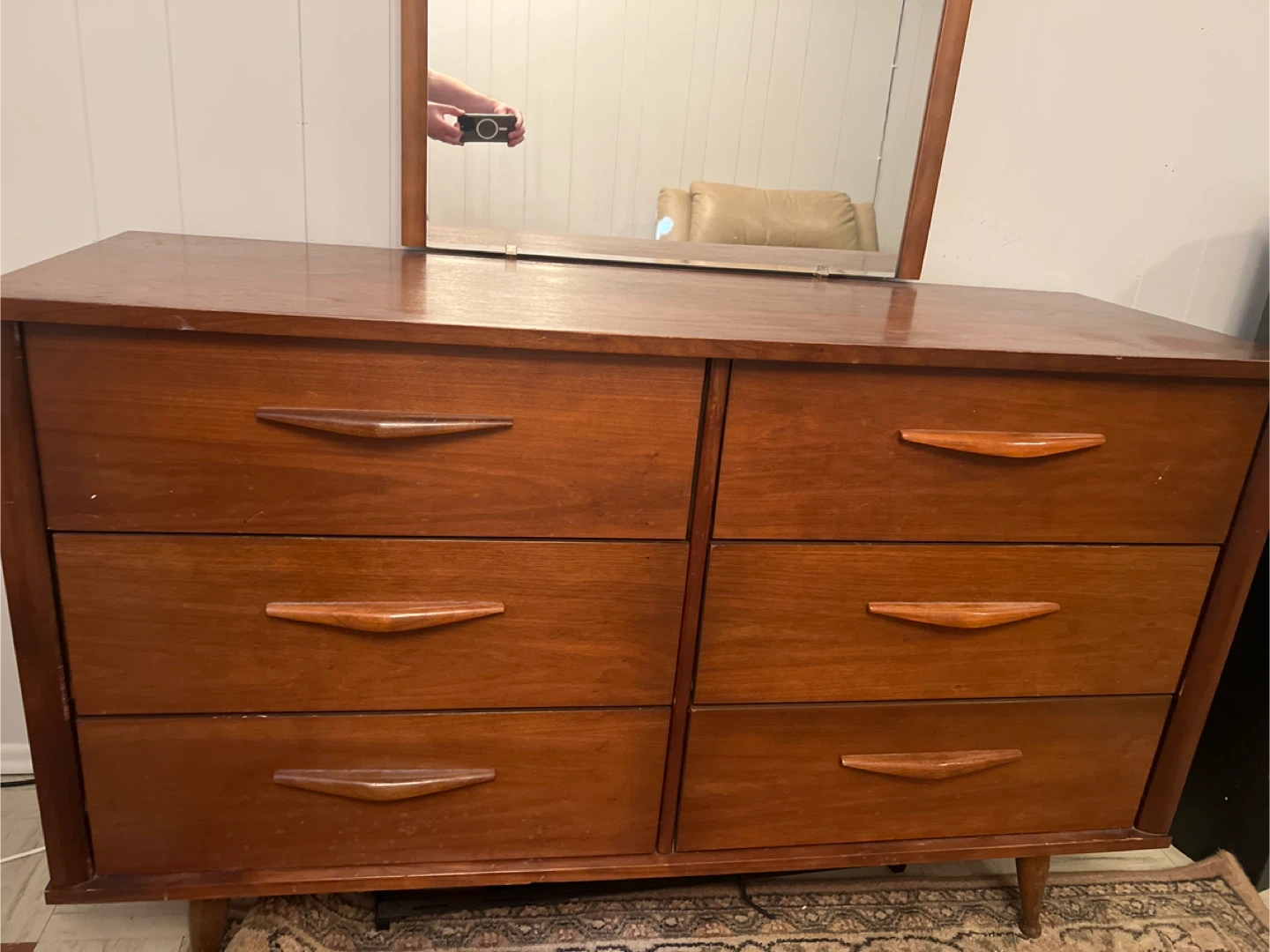 MCM Walnut Dresser w/ Mirror – 1960s Sculpted Pulls