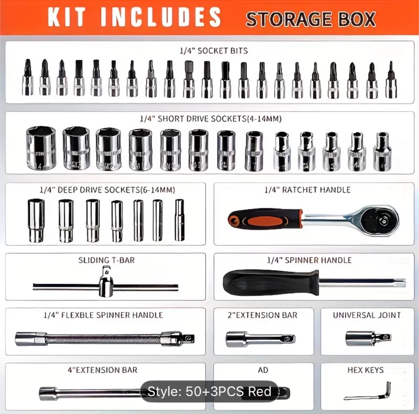 53 Piece 1/4" Socket Set with Bits and Storage Box - photo 5