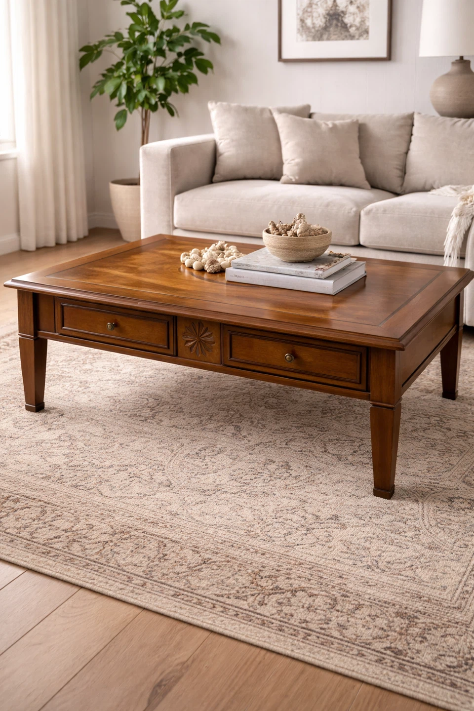 Wood Coffee Table w Inlaid Veneer Design – Solid Wood