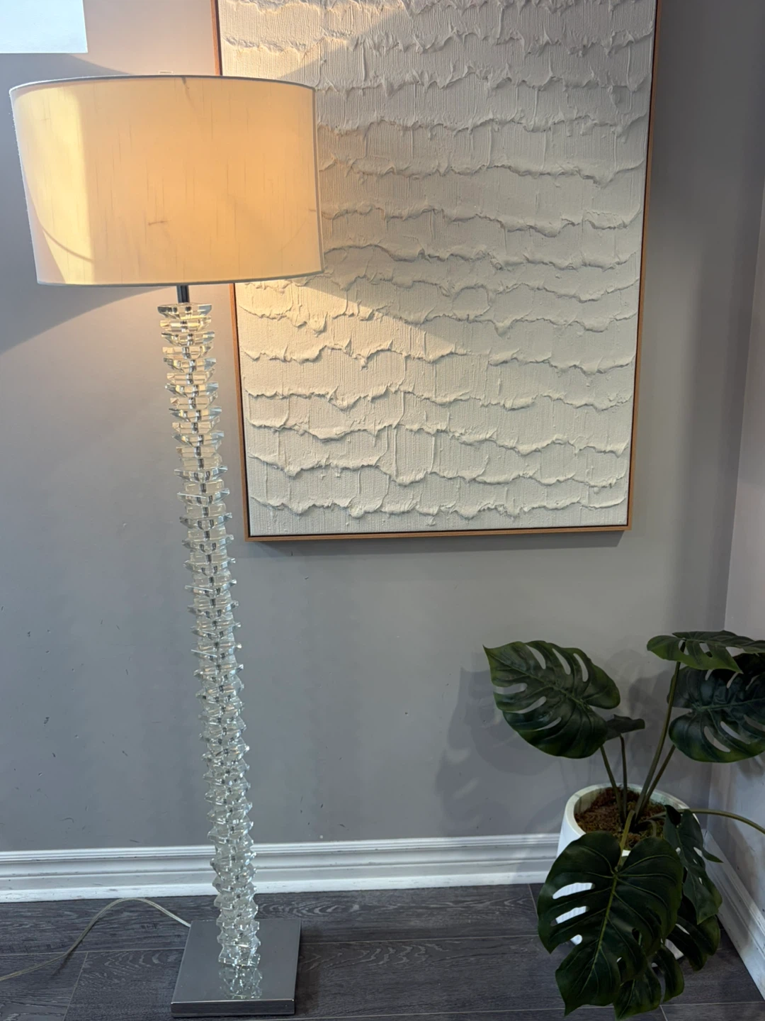 Modern Glam Crystal Column Floor Lamp with White Shade