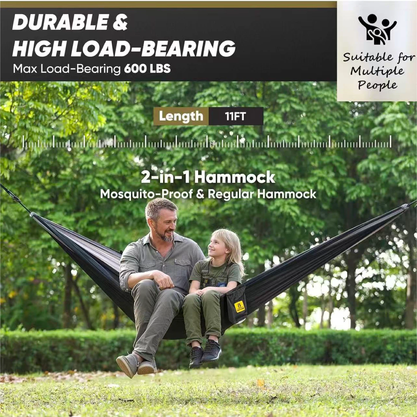 2-in-1 Hammock - Mosquito-Proof & Regular, 11FT Length, Black - photo 4