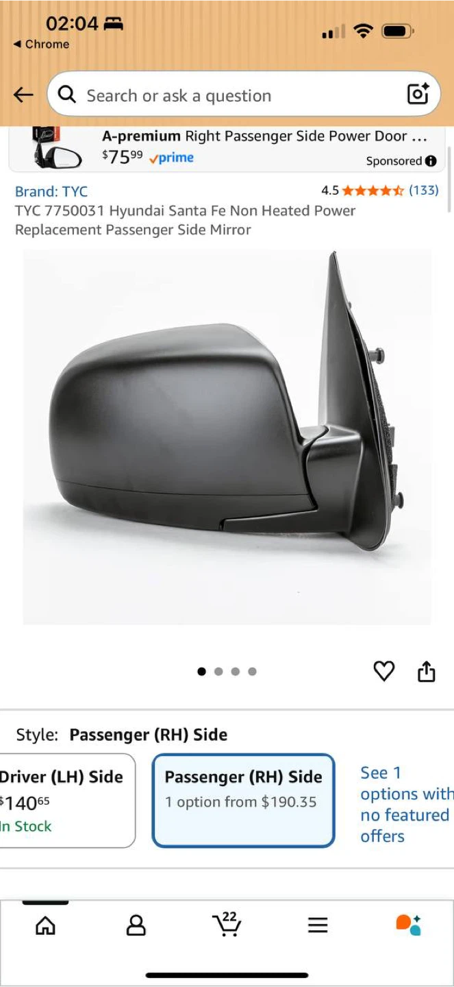 Hyundai Santa Fe 2007-2009 Passenger Mirror RH Power ) NEW