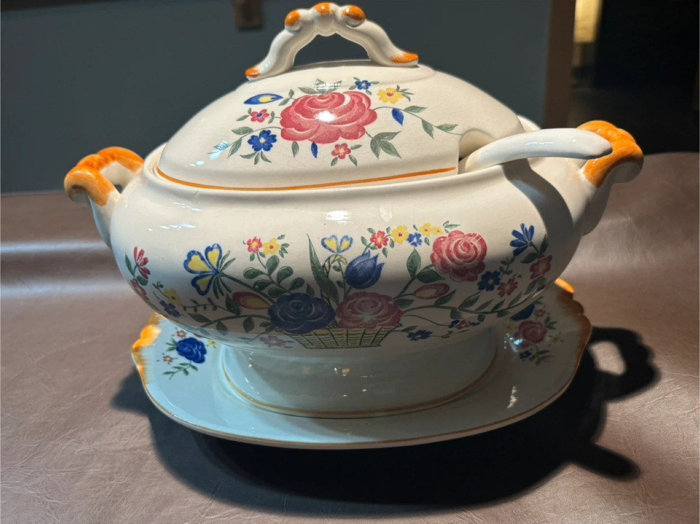 Vintage Ceramic Floral 2.5Q Soup Tureen with Ladle & Platter