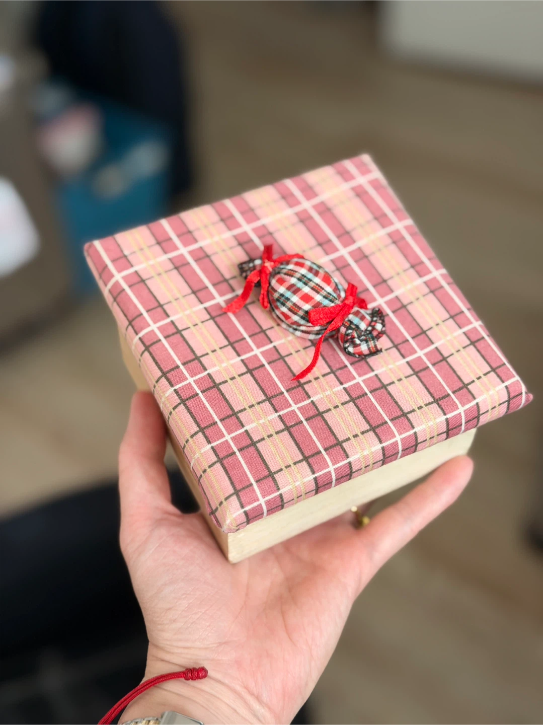 Decorative Wooden Box with Plaid Lid