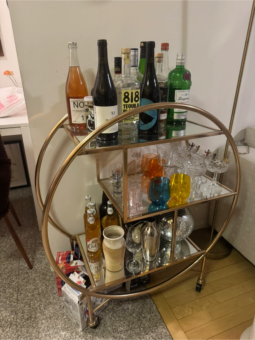 Gold Bar Cart with mirror Shelves