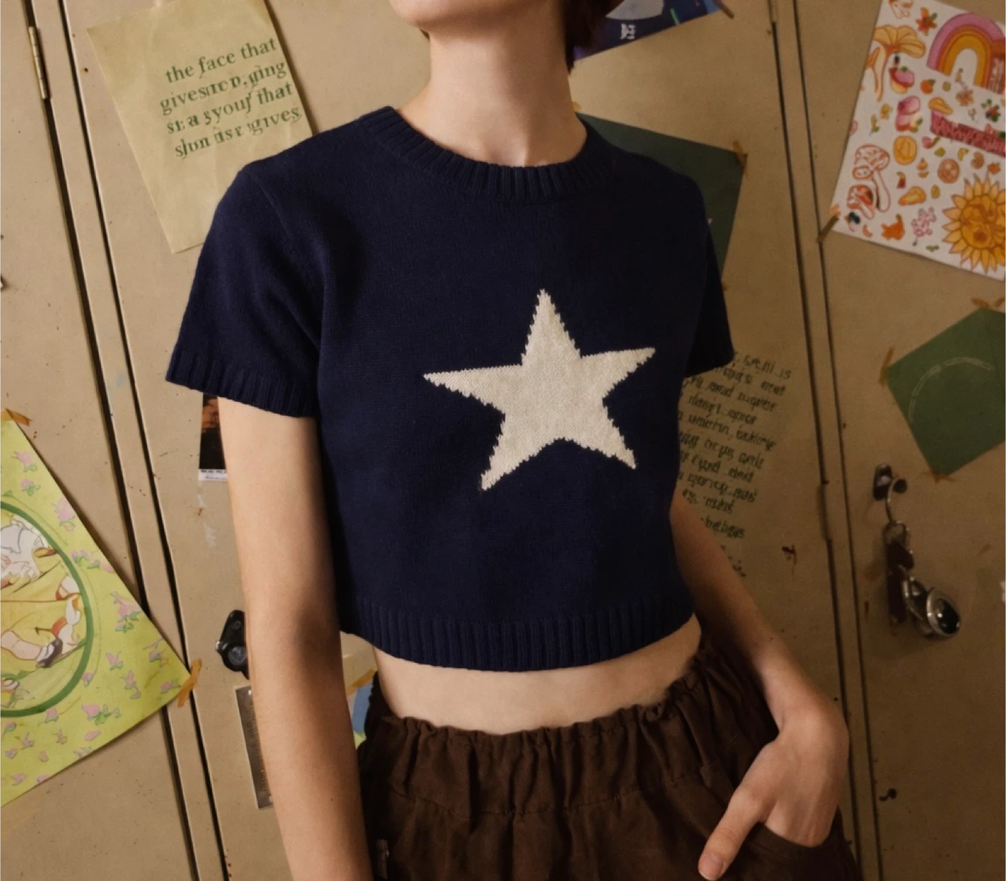 Navy Star Print Cropped Sweater