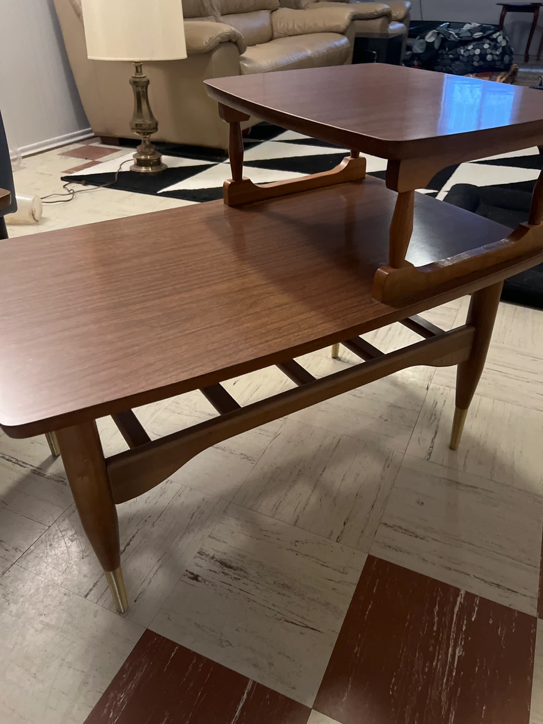 mid Century Walnut Coffee Table w/ Raised Shelf & Brass