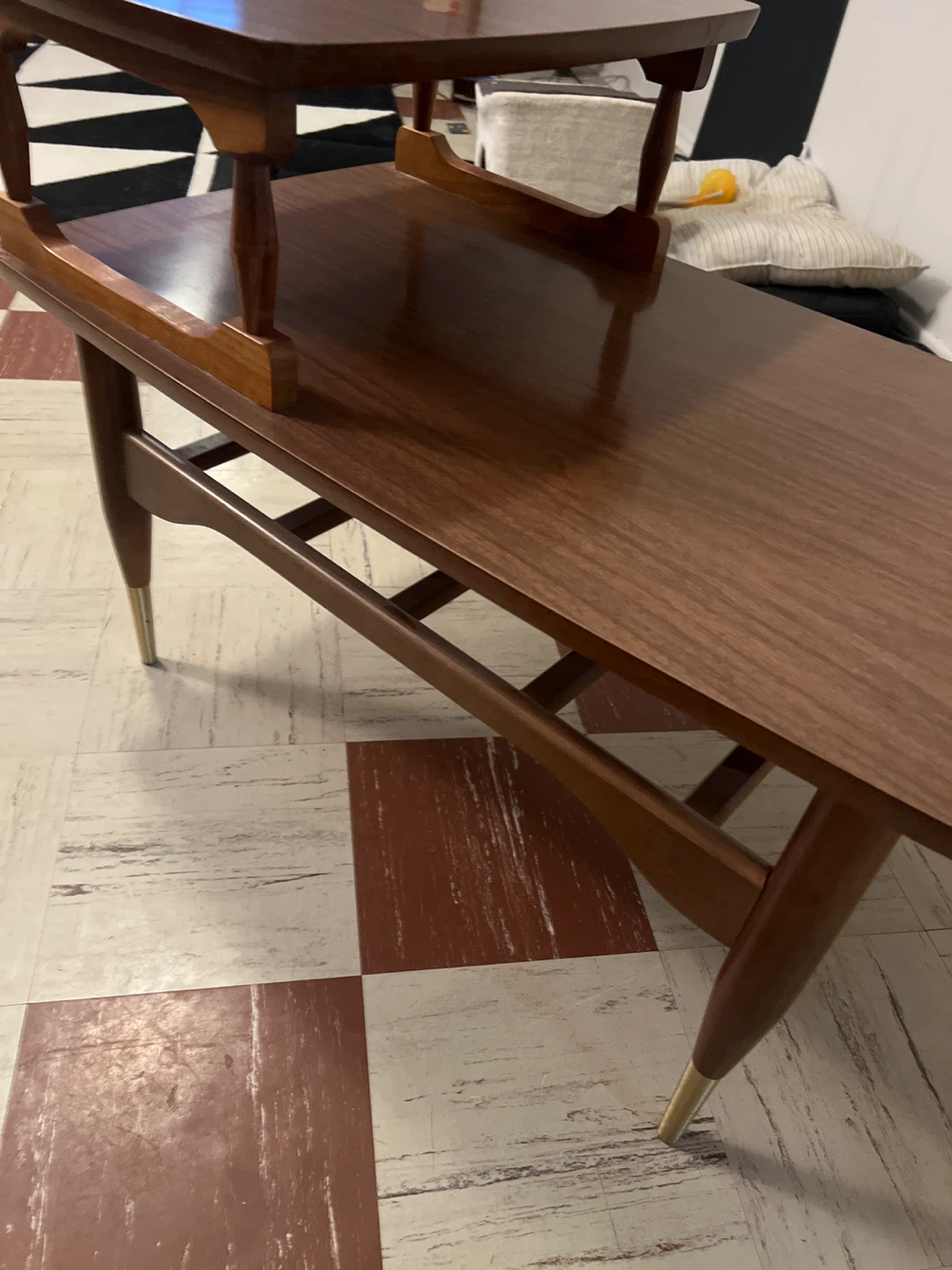 mid Century Walnut Coffee Table w/ Raised Shelf & Brass - photo 3